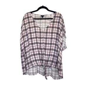 Torrid Purple, Black, and White Plaid Button Down with Tie Top